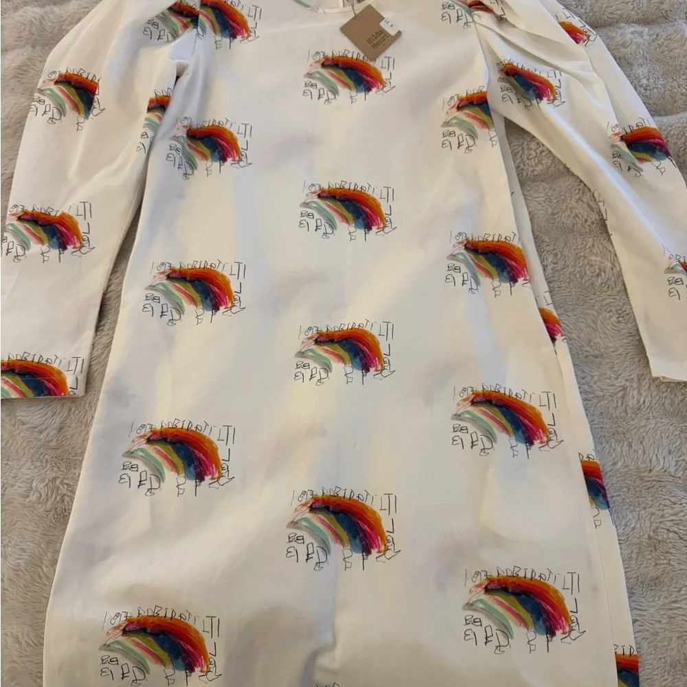 Girls' Rainbow Print Cream Dress with Puff Sleeves